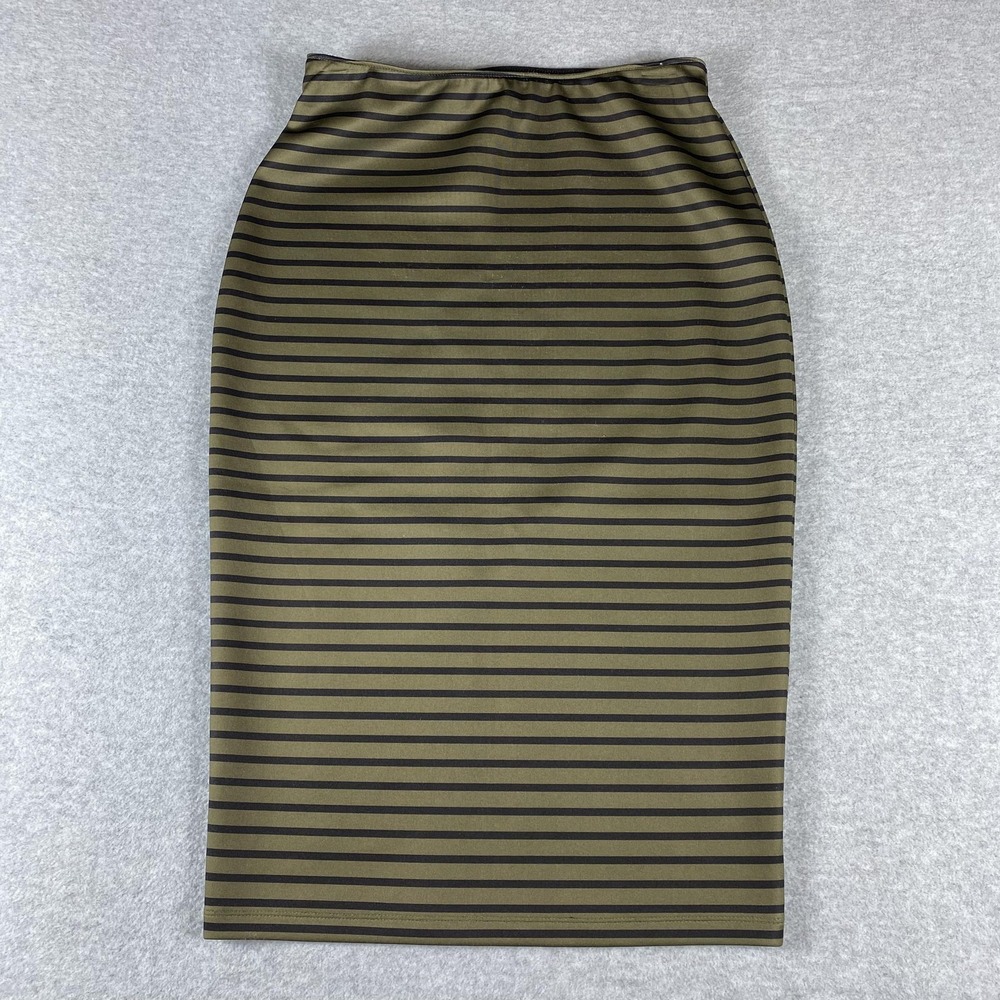 Apt 9 Skirt Womens Small Olive Green Black Striped Pencil Midi Stretch Bodycon